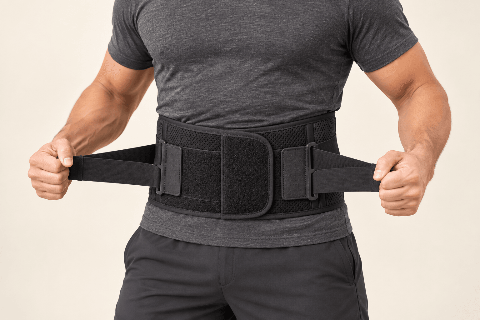 Person tightening the secondary adjustment straps of a lumbar support belt around the waist.